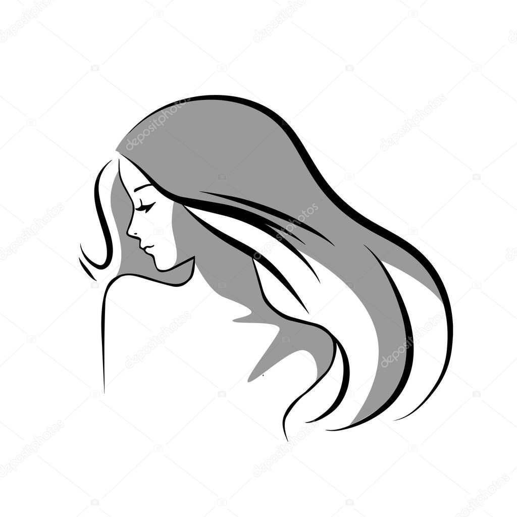 Stylized Beautiful woman's face with long hair silhouette. Women's hair salon logo or symbol.