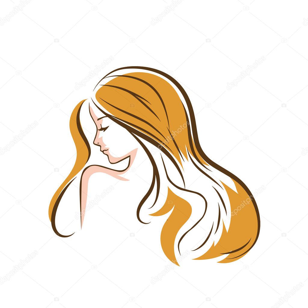 Stylized Beautiful woman's face with long hair silhouette. Women's hair salon logo or symbol.