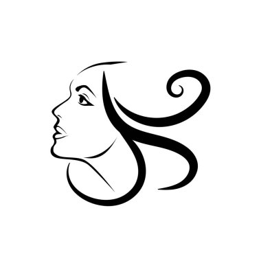 Uzun saçlı, siluetli, stilize edilmiş güzel bir kadın yüzü. Kadın saçı kaplıca salonu logosu ya da sembol.