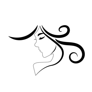 Uzun saçlı, siluetli, stilize edilmiş güzel bir kadın yüzü. Kadın saçı kaplıca salonu logosu ya da sembol.