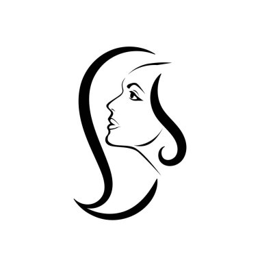 Uzun saçlı, siluetli, stilize edilmiş güzel bir kadın yüzü. Kadın saçı kaplıca salonu logosu ya da sembol.