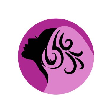 Uzun saçlı, siluetli, stilize edilmiş güzel bir kadın yüzü. Kadın saçı kaplıca salonu logosu ya da sembol.