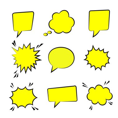Vektör komik konuşma balonu seti. Beyaz arkaplanda farklı duyguları olan vektör karikatür patlamaları.
