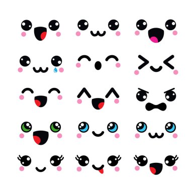 Emojis kawaii karakter vektörü seti. Birçok kawaii 'deki duygusal sevimli chibi emoji çizgi filmi beyaz arkaplanda izole edilmiş reaksiyon koleksiyonlarıyla karşı karşıya.