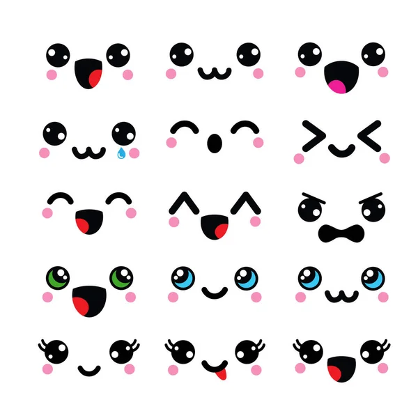 Emojis Kawaii Character Vector Set Emoticon Cute Chibi Emoji Cartoon — Stock Vector