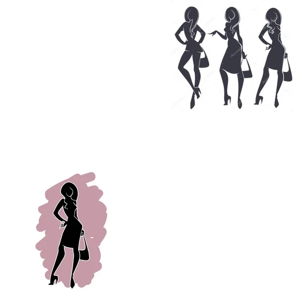 Ensemble Silhouettes Vectorielles Dessin Animé Une Femme Avec Sac Main — Image vectorielle