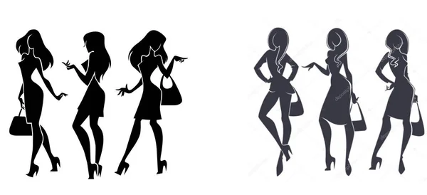 Ensemble Silhouettes Vectorielles Dessin Animé Une Femme Avec Sac Main — Image vectorielle