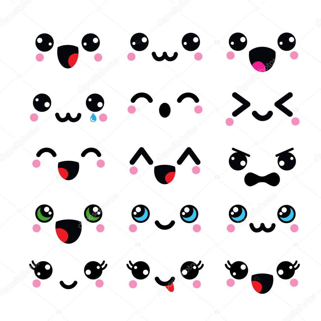 Emojis kawaii character vector set. Emoticon cute chibi emoji cartoon in many kawaii face reaction collections isolated on white background