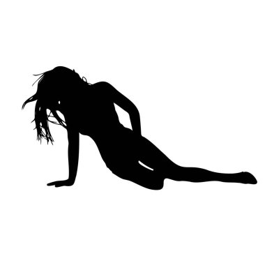 Kadın seksi, beyaz arkaplanda vektör silueti pozu veriyor 