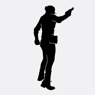 Beyaz arka planda üniforma giyen bir kadın polis memurunun vektör silueti.