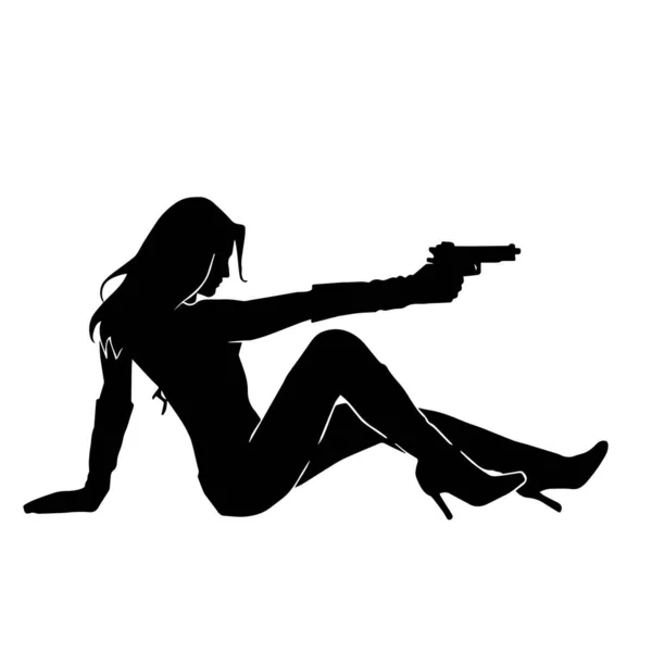 Sexy Détective Femme Tenant Visant Pistolet Silhouette — Image vectorielle