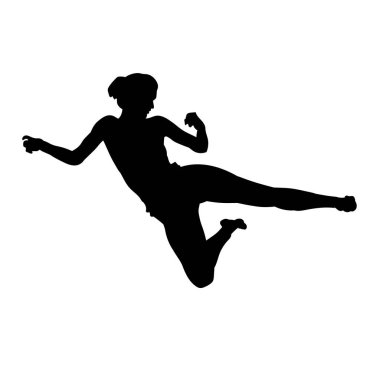 Nefsi müdafaa uygulayan güzel genç bir kadın. Karate tekmeleri atan bir kadın. vektör silueti