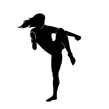 Nefsi müdafaa uygulayan güzel genç bir kadın. Karate tekmeleri atan bir kadın. vektör silueti