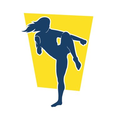 Nefsi müdafaa uygulayan güzel genç bir kadın. Karate tekmeleri atan bir kadın. vektör silueti