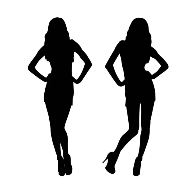 Svarta Siluetterna Modemodeller Smal Sexig Kvinna Med Klädd Stående Isolerad — Stock vektor