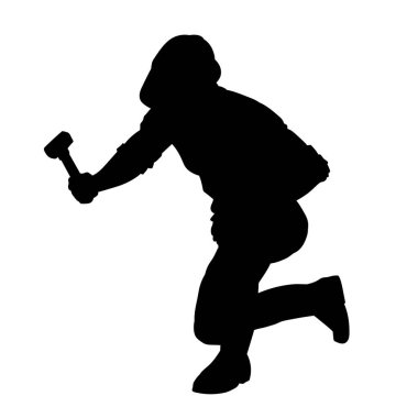 Erkek madenci. İnşaat işçisi vektör silueti. Kask giyme çantası ve aletleri.