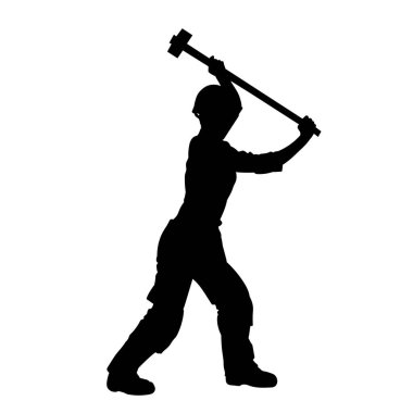 Erkek madenci. İnşaat işçisi vektör silueti. Kask giyme çantası ve aletleri.