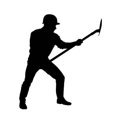 Erkek madenci. İnşaat işçisi vektör silueti. Kask giyme çantası ve aletleri.