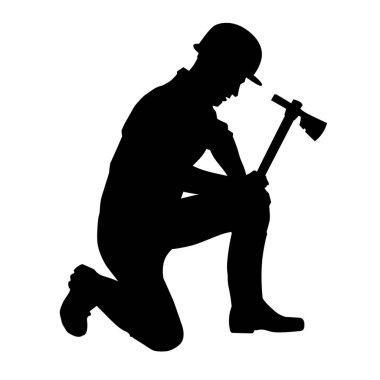 Erkek madenci. İnşaat işçisi vektör silueti. Kask giyme çantası ve aletleri.