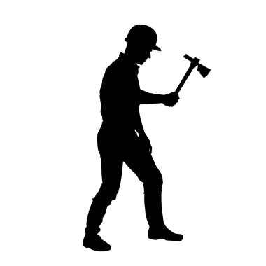 Erkek madenci. İnşaat işçisi vektör silueti. Kask giyme çantası ve aletleri.