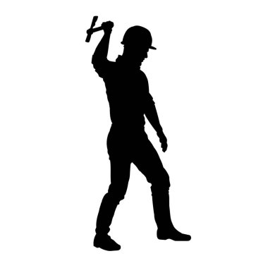 Erkek madenci. İnşaat işçisi vektör silueti. Kask giyme çantası ve aletleri.