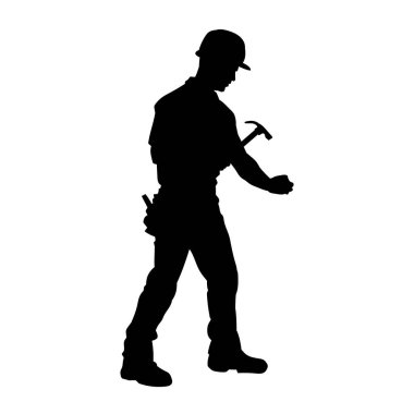 Erkek madenci. İnşaat işçisi vektör silueti. Kask giyme çantası ve aletleri.