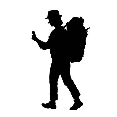 Sırt çantası haritalı bir turist. Seyahat ederken konum haritasında sırt çantalı arama yönü.