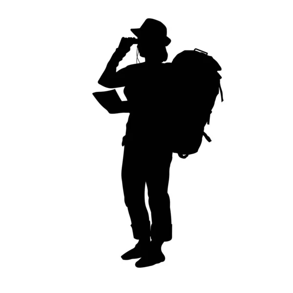Touriste Avec Sac Dos Tenant Carte Backpacker Recherche Direction Sur — Image vectorielle