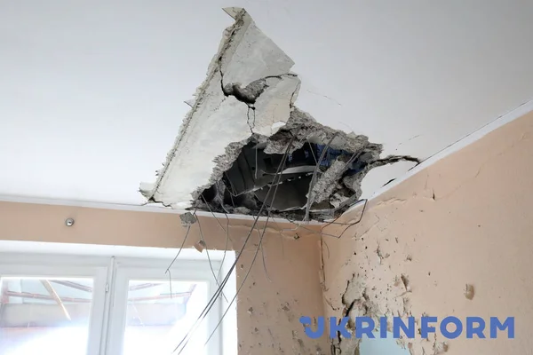 Kharkiv Ucrânia Fevereiro 2022 Danos Causados Edifício Residencial São Retratados — Fotografia de Stock