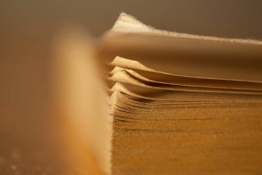 Köpek kulaklı karton kapaklı kitap, eski püskü sayfalar, eski moda ve yıpranmış görünüş.