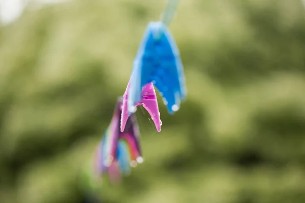 Colourful Clothes Peg Washing Line Beautiful Bokeh — Foto Stock