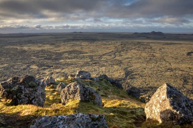 Reykjanes peninsula panorama.A view from the top of the mountain orbjrn in Iceland .The mountain is beside the town of Grindavik and the Blue Lagoon