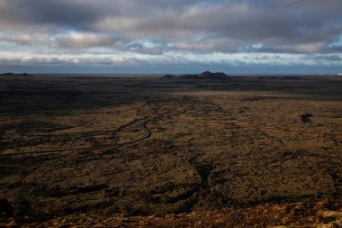 Reykjanes peninsula panorama.A view from the top of the mountain orbjrn in Iceland .The mountain is beside the town of Grindavik and the Blue Lagoon