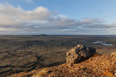 Reykjanes peninsula panorama.A view from the top of the mountain orbjrn in Iceland .The mountain is beside the town of Grindavik and the Blue Lagoon