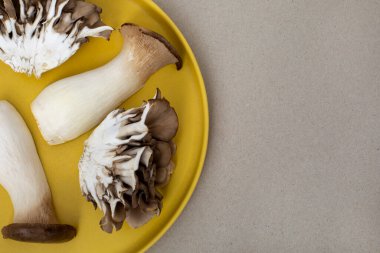 Top view on a yellow plate with cut trumpet and oyster mushrooms on natural color background with copyspace