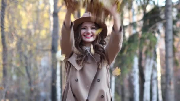 Modelo de mulher jovem no parque de outono com folhas de bordo de folhagem amarela. Moda de estação de outono. — Vídeo de Stock