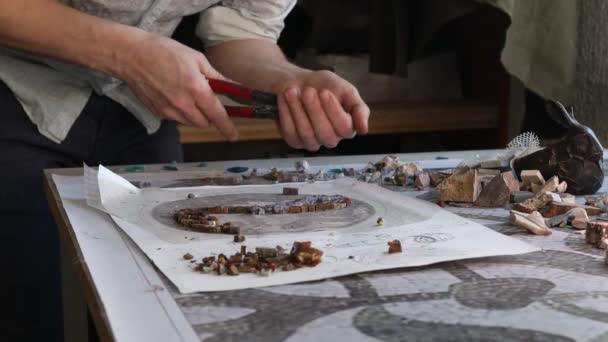 Handwerker schneiden mit Zangenschneidern Kleinglas für die Herstellung von Kleinglasmosaiken. — Stockvideo