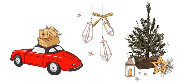 Navidad coche vacaciones árbol diciembre invierno diseño, tarjeta de felicitación campanas de jingle en vector — Archivo Imágenes Vectoriales