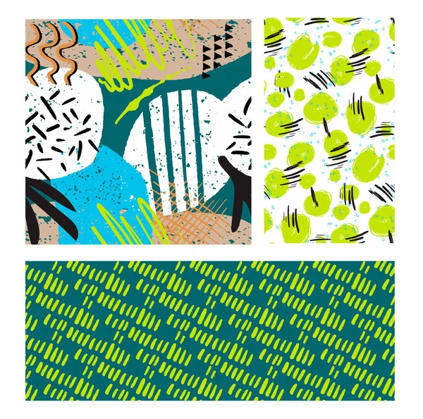 Fondo grunge textil verde neón, elementos geométricos abstractos patrón sin costura conjunto tinta pintura — Archivo Imágenes Vectoriales