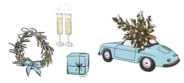 Рождественский венок с луком, праздничный Рождественский автомобиль с сосновой елкой, подарок, иконы бокалов шампанского — стоковый вектор