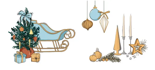 Árbol de Navidad decorado con bolas, bolas, tierna decoración azul de Navidad, Christam Eve velas iconos — Vector de stock
