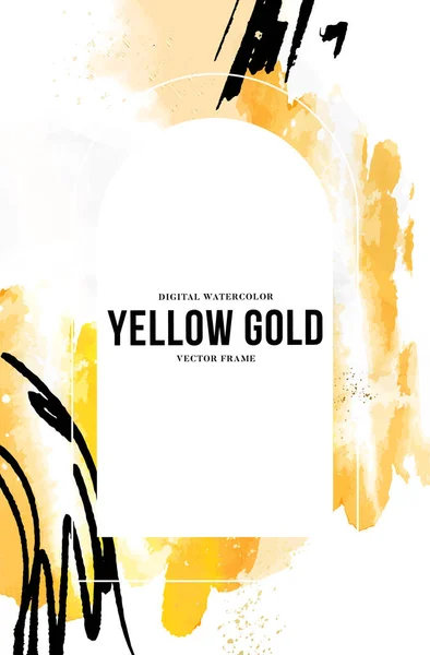 Textura aquarela amarela, tinta escova oriental moderno fundo convite splash metálico — Vetor de Stock