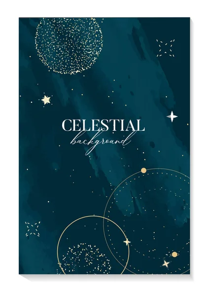 Celestial poster Moon contellation gold planet dark sky spiritual astrology banner. Cosmos universe vintage design — Vetor de Stock