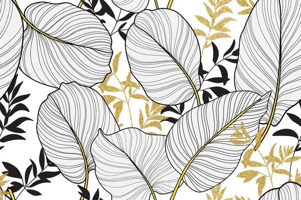 Hand drawn leaves line arts, Silhouette print black ink drawing background, Abstract leaf seamless pattern, Tropical leaves design for fabric, Wrapping paper and prints — Stock Photo, Image