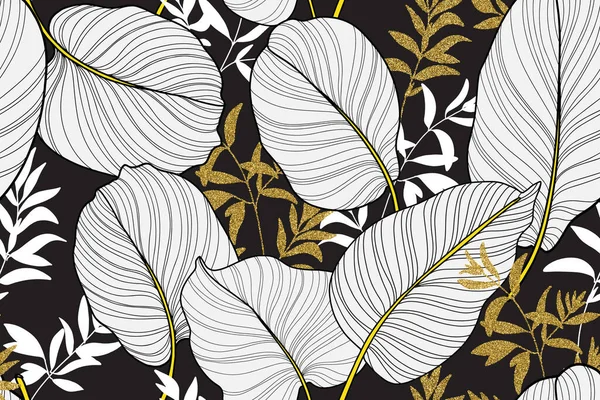 Hand drawn leaves line arts,black white Silhouette print pencil ink drawing background, Abstract leaf seamless pattern, Tropical leaves design for fabric, Wrapping paper and prints — Stock Photo, Image