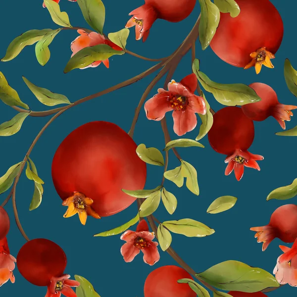 Gránátalma minta, akvarell piros gyümölcs virág, élelmiszer fa virágos illusztráció, levél ág, színes trópusi design sötét háttér — Stock Fotó