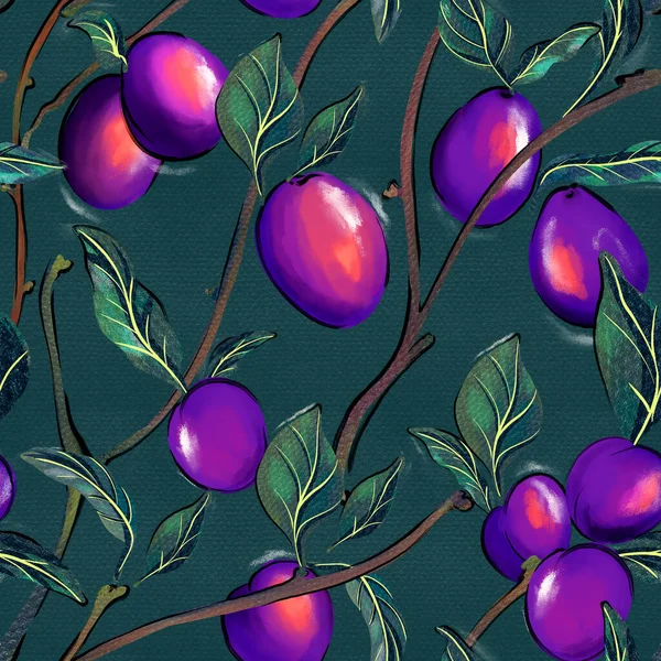 Szilvás mintázat. Lila Virágzó fa kék szilva gyümölcs elszigetelt sötét háttér kézzel rajzolt illusztráció . — Stock Fotó