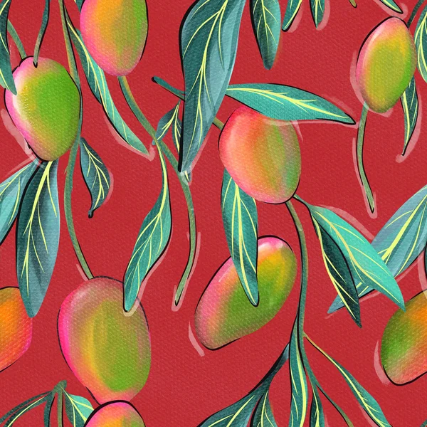 Mango tree bloom seamless pattern in red . High quality photo