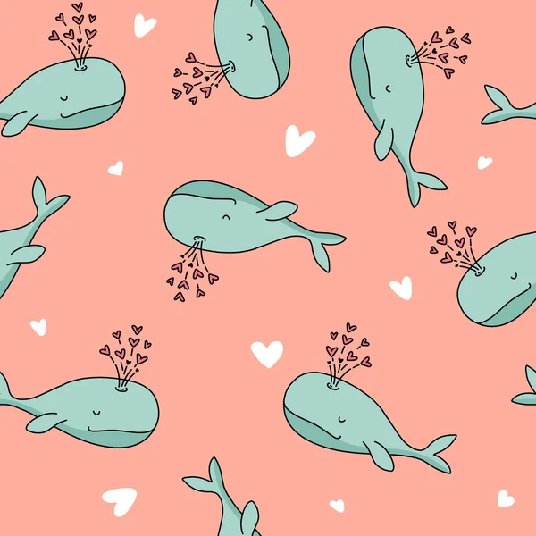 Whale Nursery Seamless Pattern Sea Mammal Animal Love Kawaii Print — Stock Vector