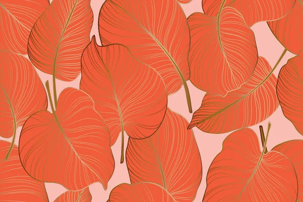 Gold colocasia palm leaves tropical plant seamless pattern , monstera background in orange colors — Stock Photo, Image